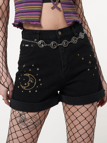 Astral Black Embroidered Denim Mom Shorts