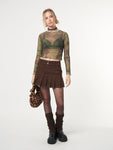 Brown Corduroy Pleated Mini Skirt