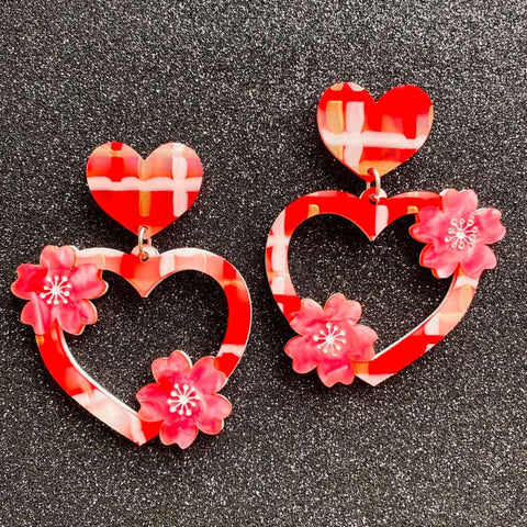 Cherry Blossom Plaid Heart Earrings